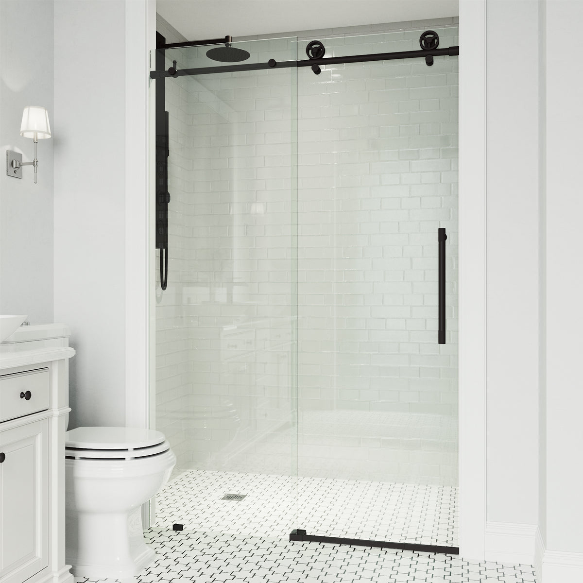 Elan Cass Aerodynamic 56 to 60 in. W x 76 in. H Frameless Sliding Shower Door and Meridian 4-Piece Bath Hardware Set in Matte Black