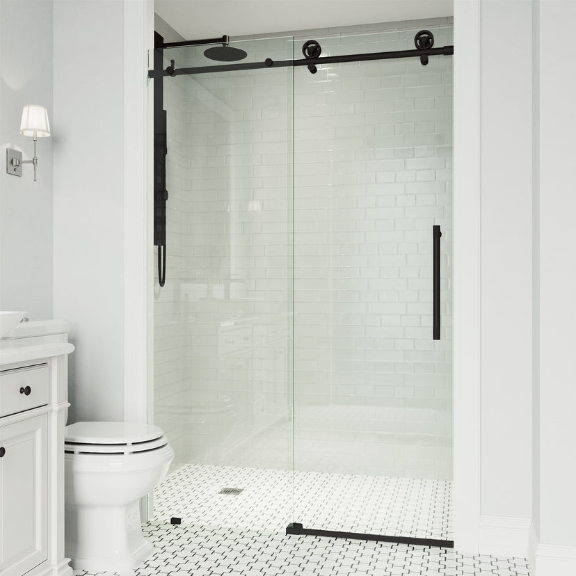Elan Cass Aerodynamic 56 to 60 in. W x 76 in. H Frameless Sliding Shower Door and Meridian 4-Piece Bath Hardware Set in Matte Black
