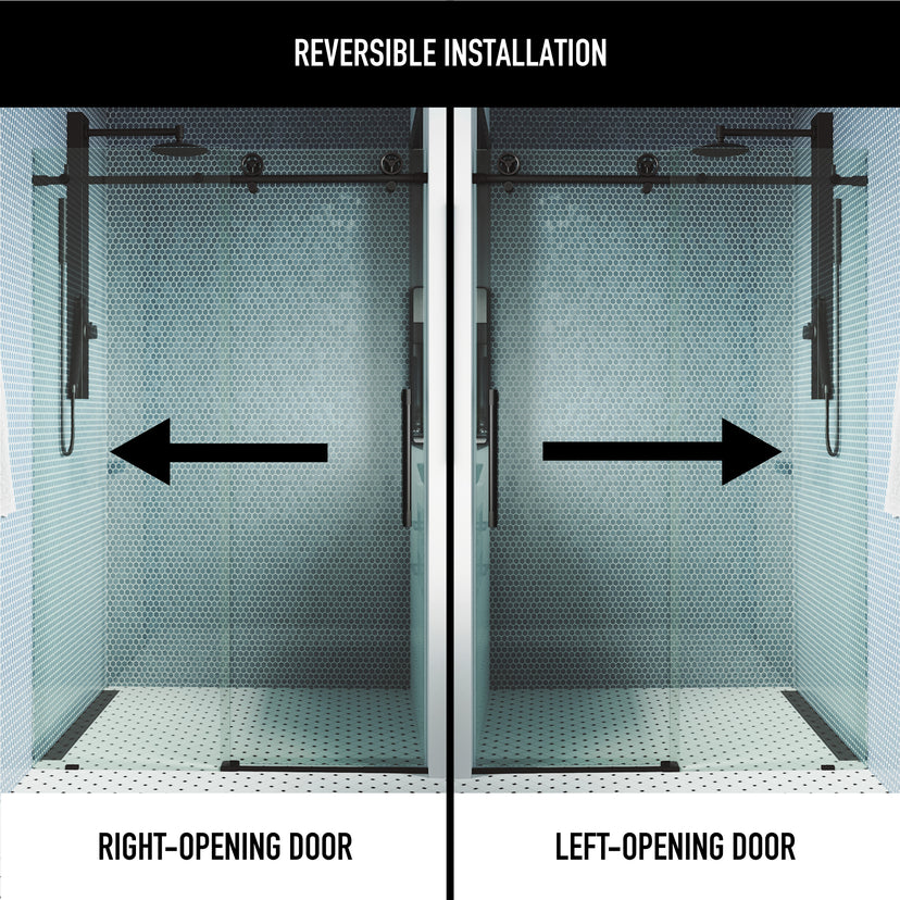 Elan Cass Aerodynamic 56 to 60 in. W x 76 in. H Frameless Sliding Shower Door and Meridian 4-Piece Bath Hardware Set in Matte Black