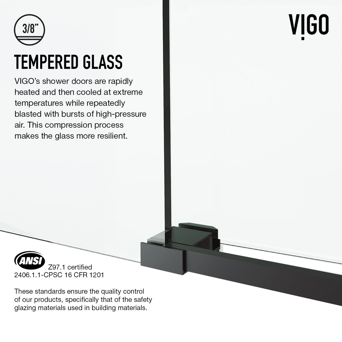 Elan Cass Aerodynamic 56 to 60 in. W x 76 in. H Frameless Sliding Shower Door and Meridian 4-Piece Bath Hardware Set in Matte Black