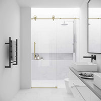 Frameless shower door with matte gold bar handle, clear tempered glass, reversible installation