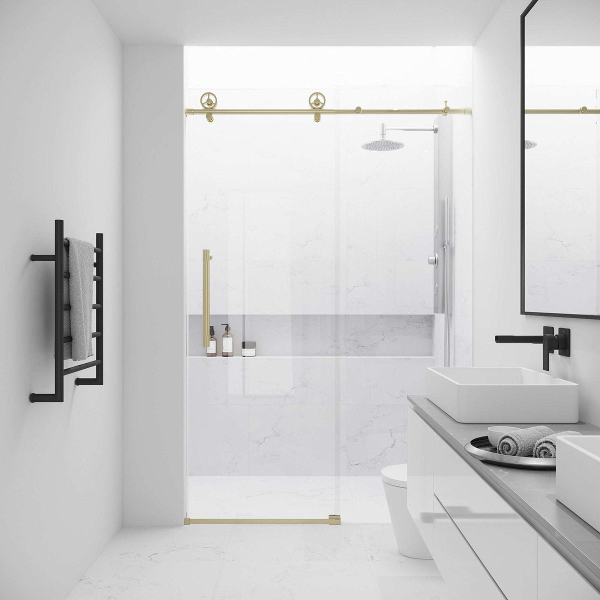 Frameless shower door with matte gold bar handle, clear tempered glass, reversible installation