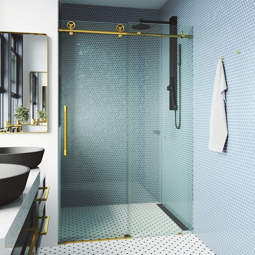 Matte brushed gold frameless shower door with sliding clear tempered glass, 56 to 60 in. adjustable width