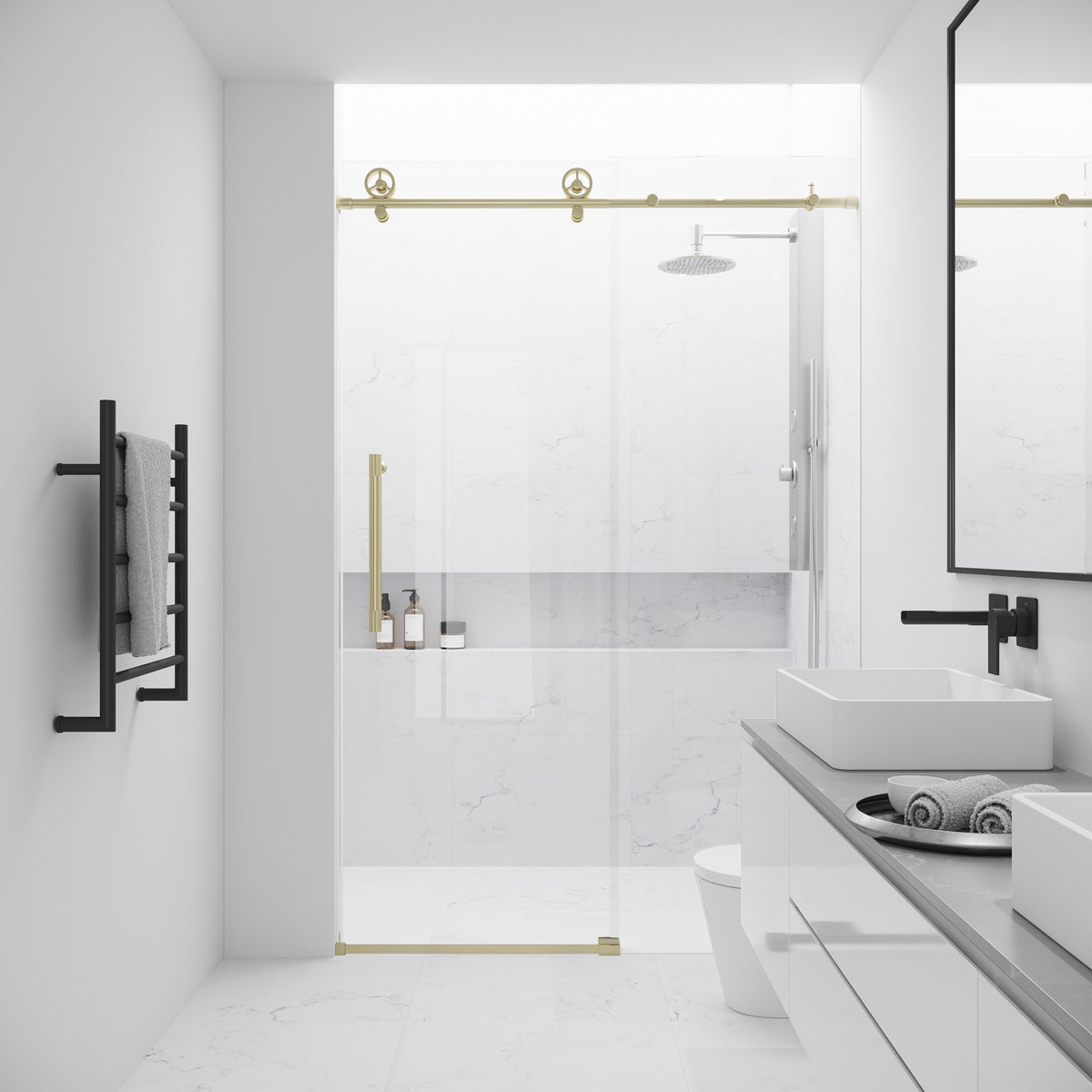 Adjustable 56-60 in. sliding shower door with matte black finish and clear tempered glass