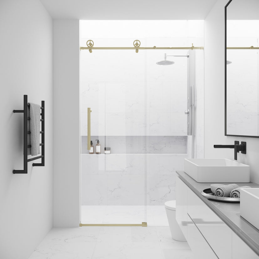 Adjustable 56-60 in. sliding shower door with matte black finish and clear tempered glass
