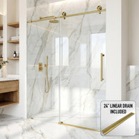 Elan Cass Aerodynamic 56-60 in. W x 76 in. H Frameless Sliding Shower Door in Matte Gold with 3/8 in. Clear Glass and Elan 24 in. Linear Shower Drain