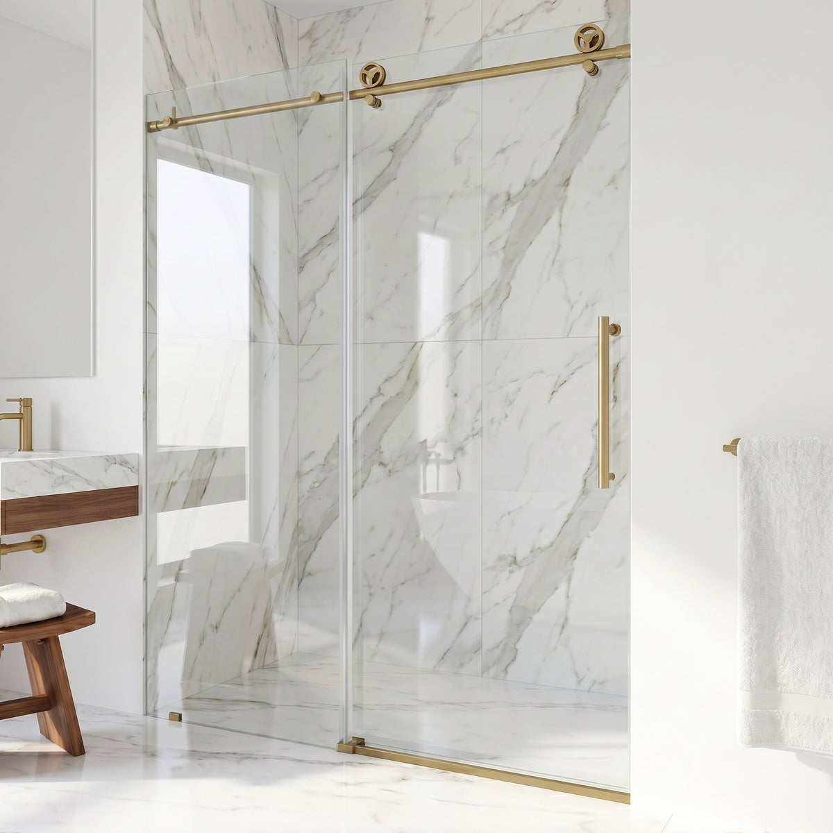 Elan Cass Aerodynamic 56-60 in. W x 76 in. H Frameless Sliding Shower Door in Matte Gold with 3/8 in. Clear Glass and Elan 24 in. Linear Shower Drain