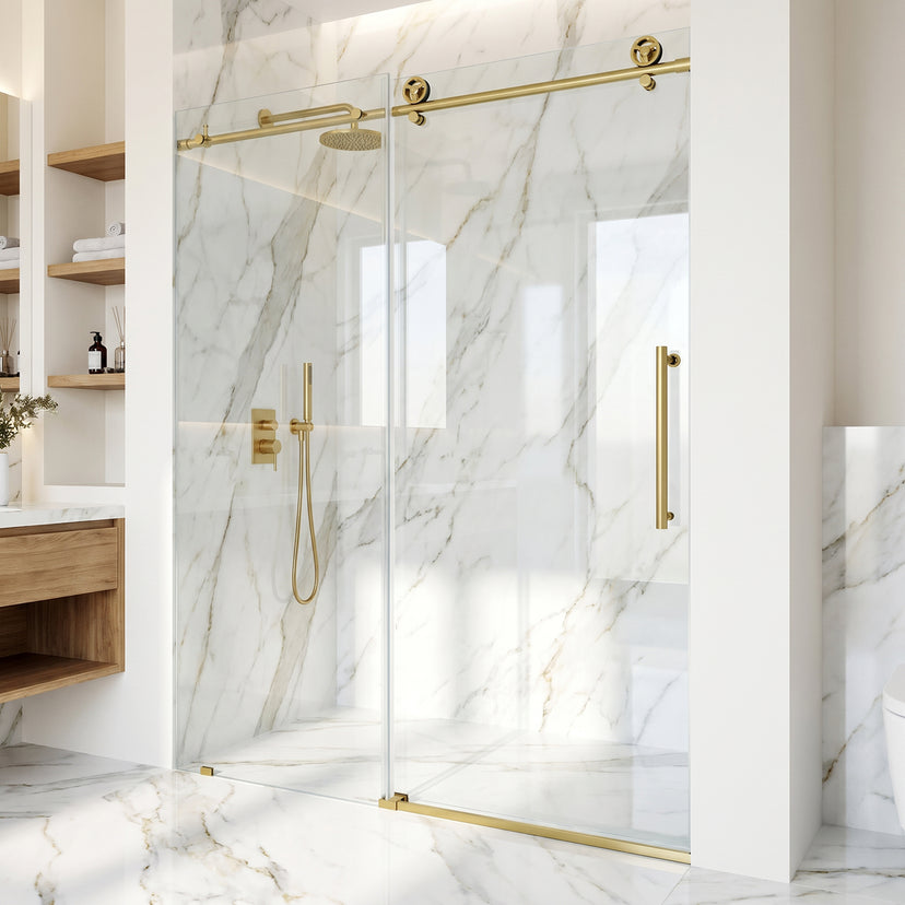Elan Cass Aerodynamic 56-60 in. W x 76 in. H Frameless Sliding Shower Door in Matte Gold with 3/8 in. Clear Glass and Elan 24 in. Linear Shower Drain