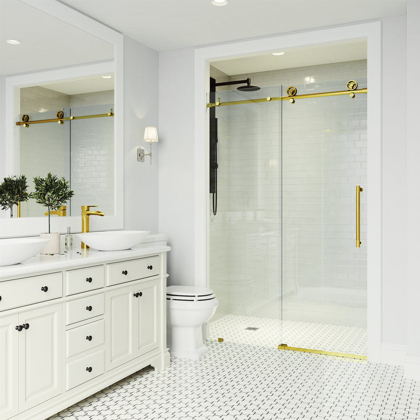 Elan Cass Aerodynamic 56-60 in. W x 76 in. H Frameless Sliding Shower Door in Matte Gold with 3/8 in. Clear Glass and Elan 24 in. Linear Shower Drain