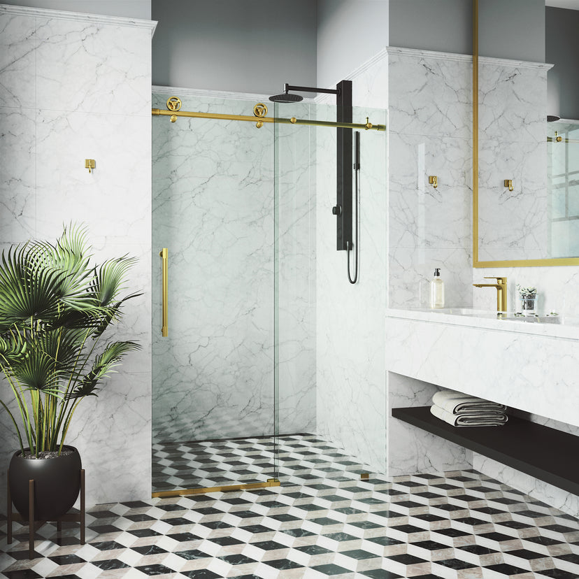 Elan Cass Aerodynamic 56-60 in. W x 76 in. H Frameless Sliding Shower Door in Matte Gold with 3/8 in. Clear Glass and Elan 24 in. Linear Shower Drain