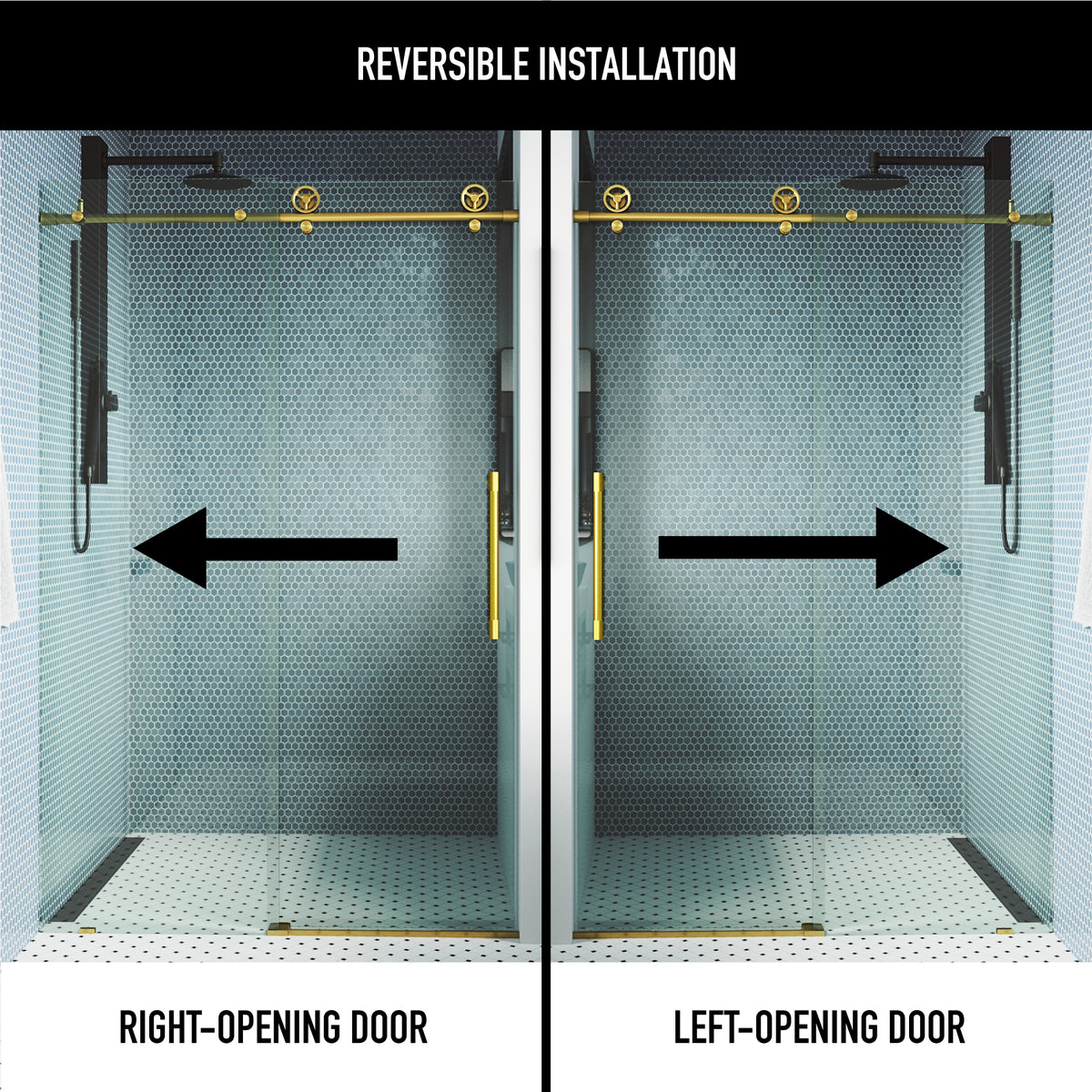 Elan Cass Aerodynamic 56-60 in. W x 76 in. H Frameless Sliding Shower Door in Matte Gold with 3/8 in. Clear Glass and Elan 24 in. Linear Shower Drain