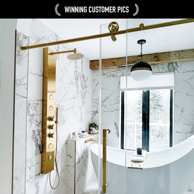 Elan Cass Aerodynamic 56-60 in. W x 76 in. H Frameless Sliding Shower Door in Matte Gold with 3/8 in. Clear Glass and Elan 24 in. Linear Shower Drain