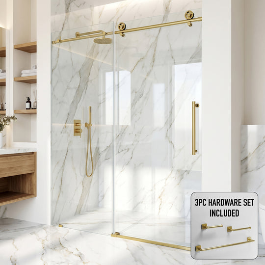 Elan Cass Aerodynamic 56 to 60 in. W x 76 in. H Frameless Sliding Shower Door and Satro 3-Piece Bath Hardware Set in Matte Brushed Gold