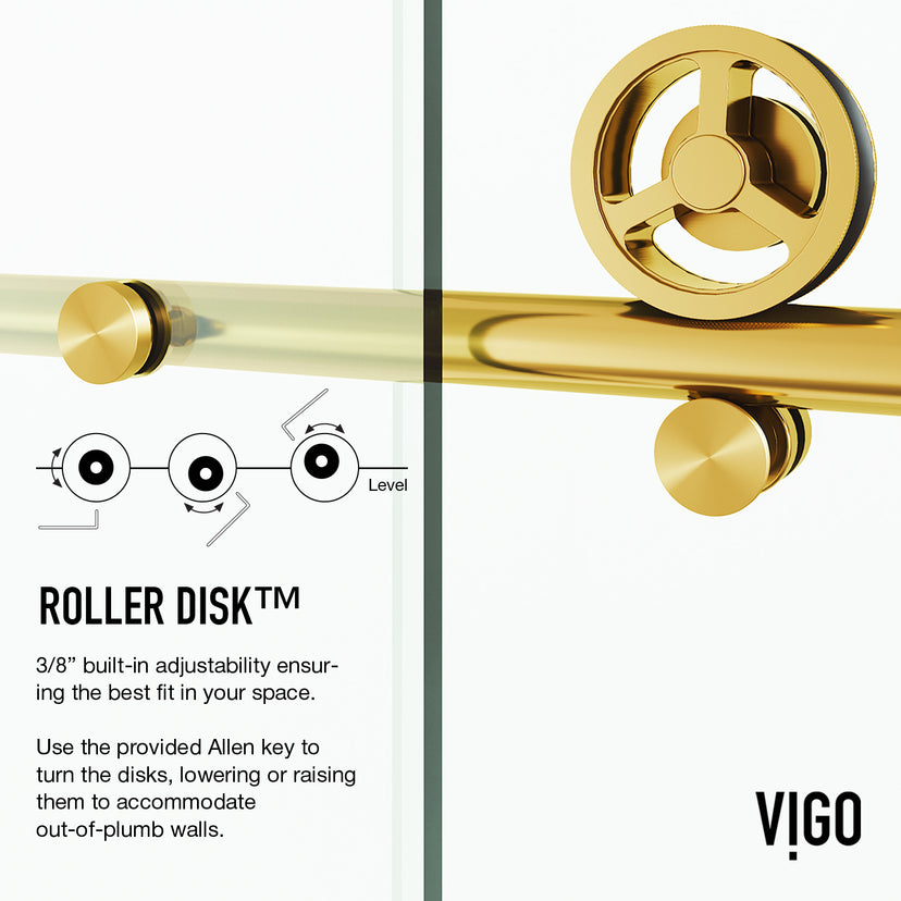 Elan Cass Aerodynamic 56 to 60 in. W x 76 in. H Frameless Sliding Shower Door and Satro 3-Piece Bath Hardware Set in Matte Brushed Gold