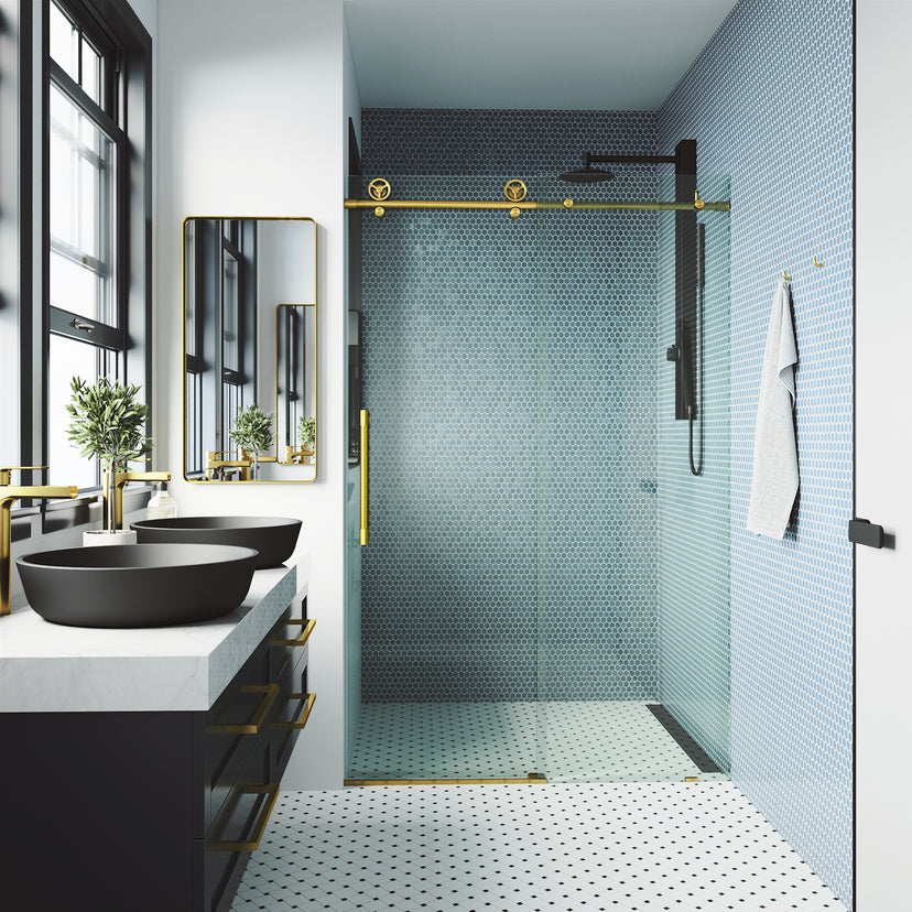 Elan Cass Aerodynamic 56 to 60 in. W x 76 in. H Frameless Sliding Shower Door and Satro 3-Piece Bath Hardware Set in Matte Brushed Gold