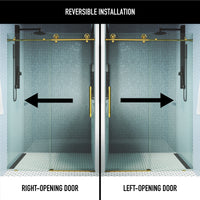 Elan Cass Aerodynamic 56 to 60 in. W x 76 in. H Frameless Sliding Shower Door and Satro 3-Piece Bath Hardware Set in Matte Brushed Gold