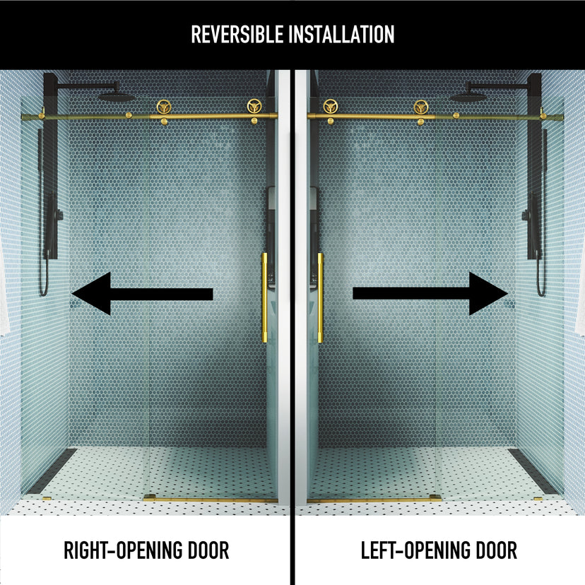 Elan Cass Aerodynamic 56 to 60 in. W x 76 in. H Frameless Sliding Shower Door and Satro 3-Piece Bath Hardware Set in Matte Brushed Gold