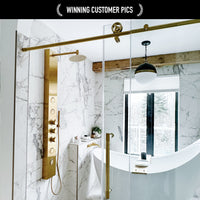 Elan Cass Aerodynamic 56 to 60 in. W x 76 in. H Frameless Sliding Shower Door and Satro 3-Piece Bath Hardware Set in Matte Brushed Gold