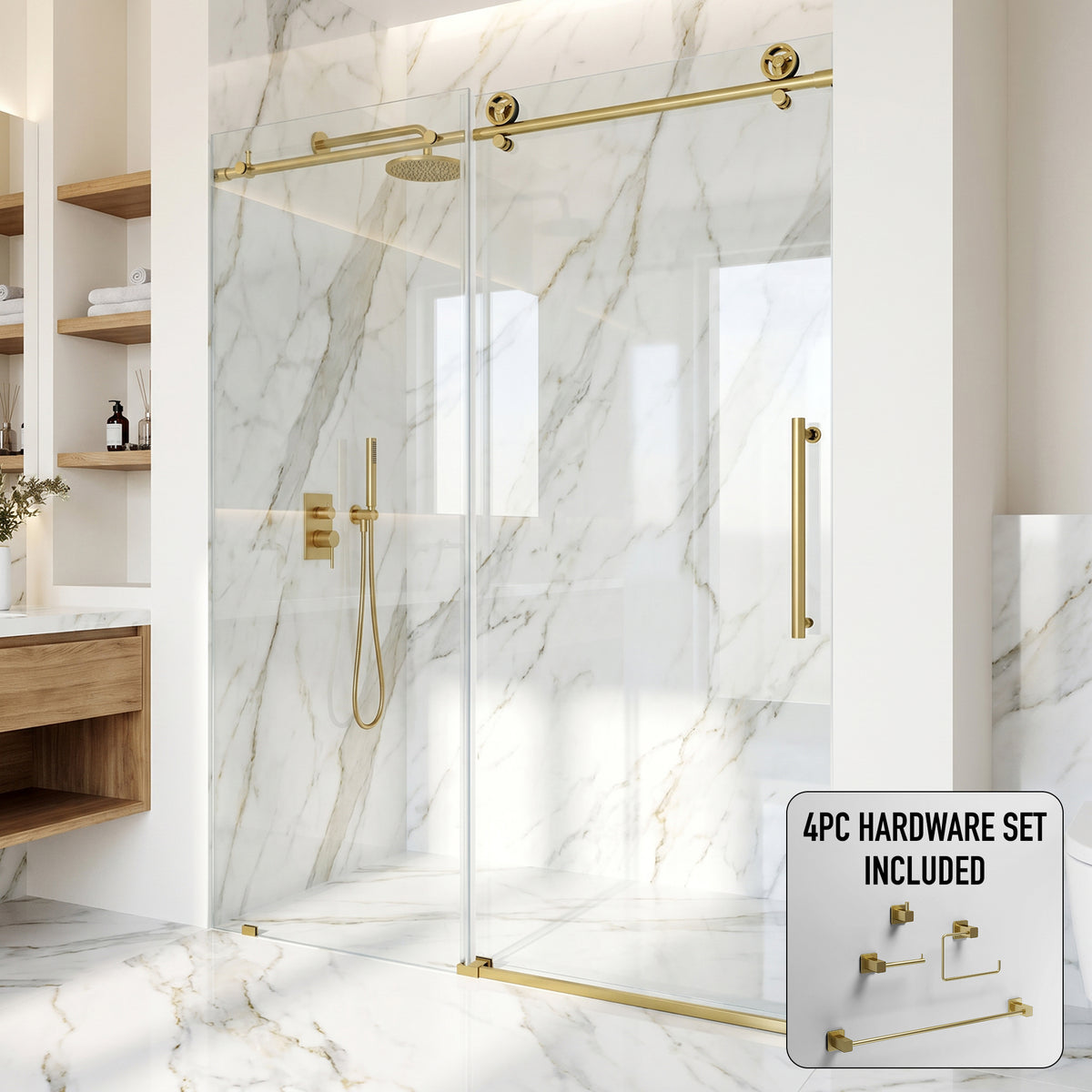 Elan Cass Aerodynamic 56 to 60 in. W x 76 in. H Frameless Sliding Shower Door and Meridian 4-Piece Bath Hardware Set in Matte Brushed Gold
