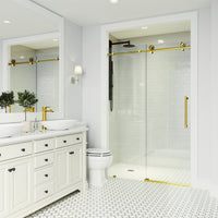 Elan Cass Aerodynamic 56 to 60 in. W x 76 in. H Frameless Sliding Shower Door and Meridian 4-Piece Bath Hardware Set in Matte Brushed Gold