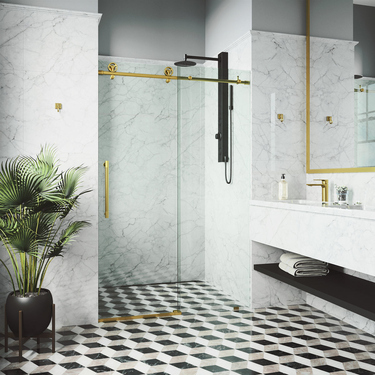 Elan Cass Aerodynamic 56 to 60 in. W x 76 in. H Frameless Sliding Shower Door and Meridian 4-Piece Bath Hardware Set in Matte Brushed Gold