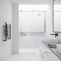 Adjustable width sliding shower door with stainless steel finish and clear glass, 76 in. tall