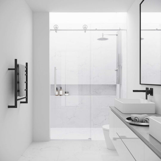 Adjustable width sliding shower door with stainless steel finish and clear glass, 76 in. tall