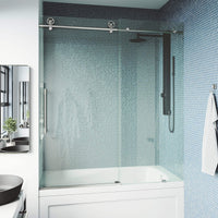 Stainless steel frameless sliding tub door with clear tempered glass, modern design, adjustable 56-60 in.