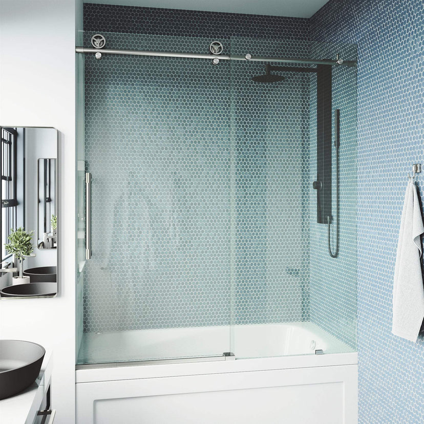 Stainless steel frameless sliding tub door with clear tempered glass, modern design, adjustable 56-60 in.