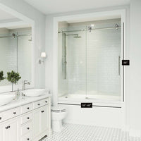 Reversible sliding tub door, stainless steel finish, clear tempered glass, frameless design, alcove installation