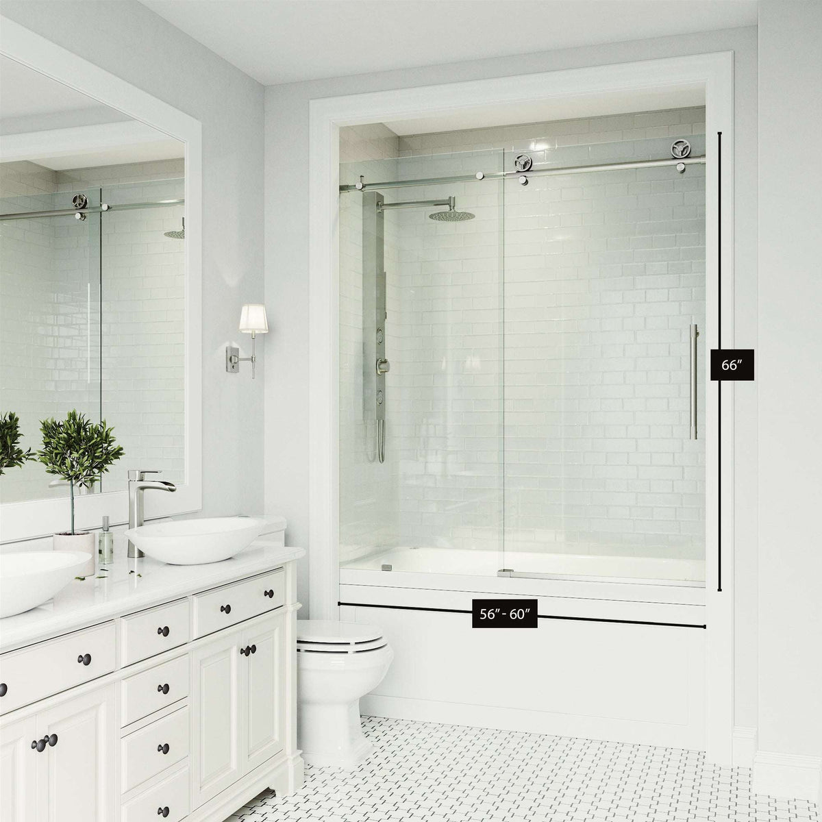 Reversible sliding tub door, stainless steel finish, clear tempered glass, frameless design, alcove installation