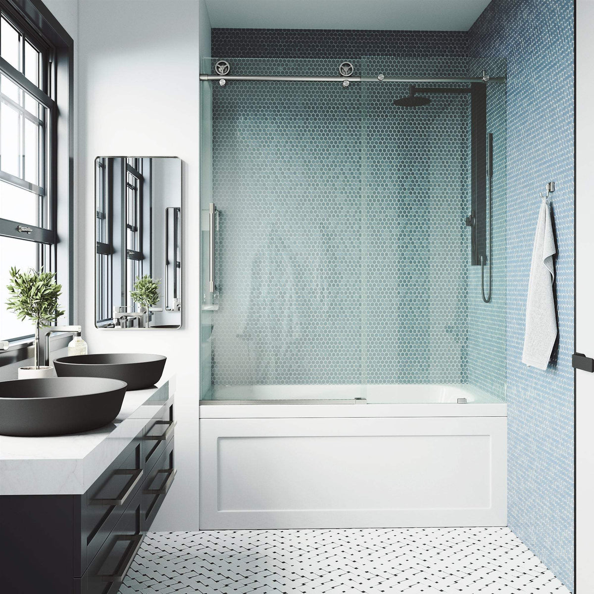 Stainless steel finish frameless shower door, sliding operation, clear glass, adjustable width 56-60 in.