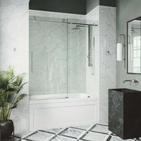 Clear glass frameless tub door with stainless steel bar handle, adjustable 56-60 in., alcove installation