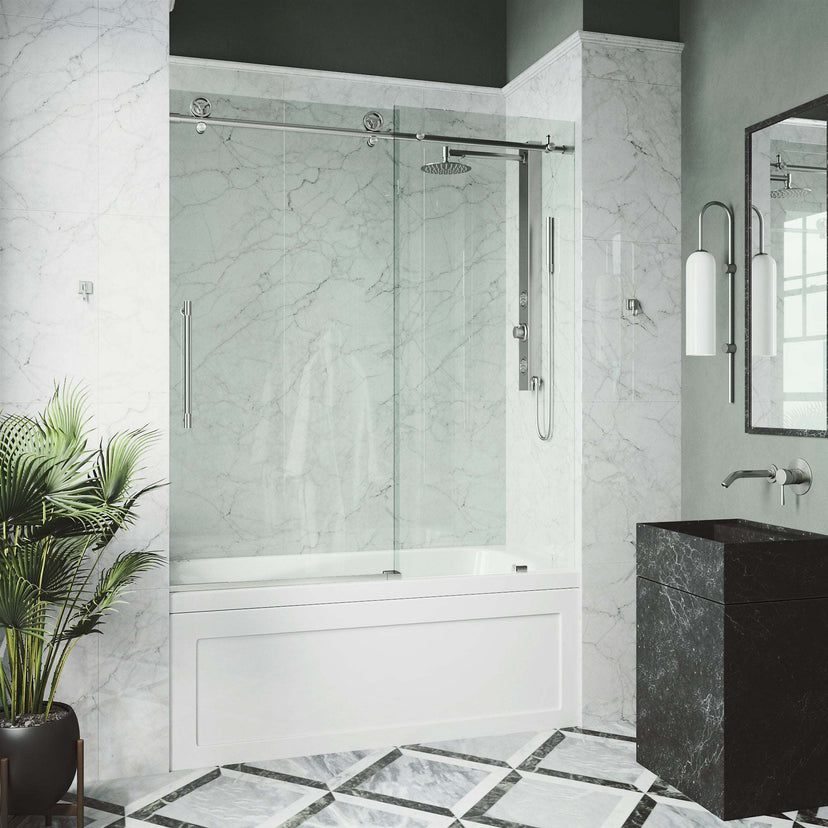 Clear glass frameless tub door with stainless steel bar handle, adjustable 56-60 in., alcove installation