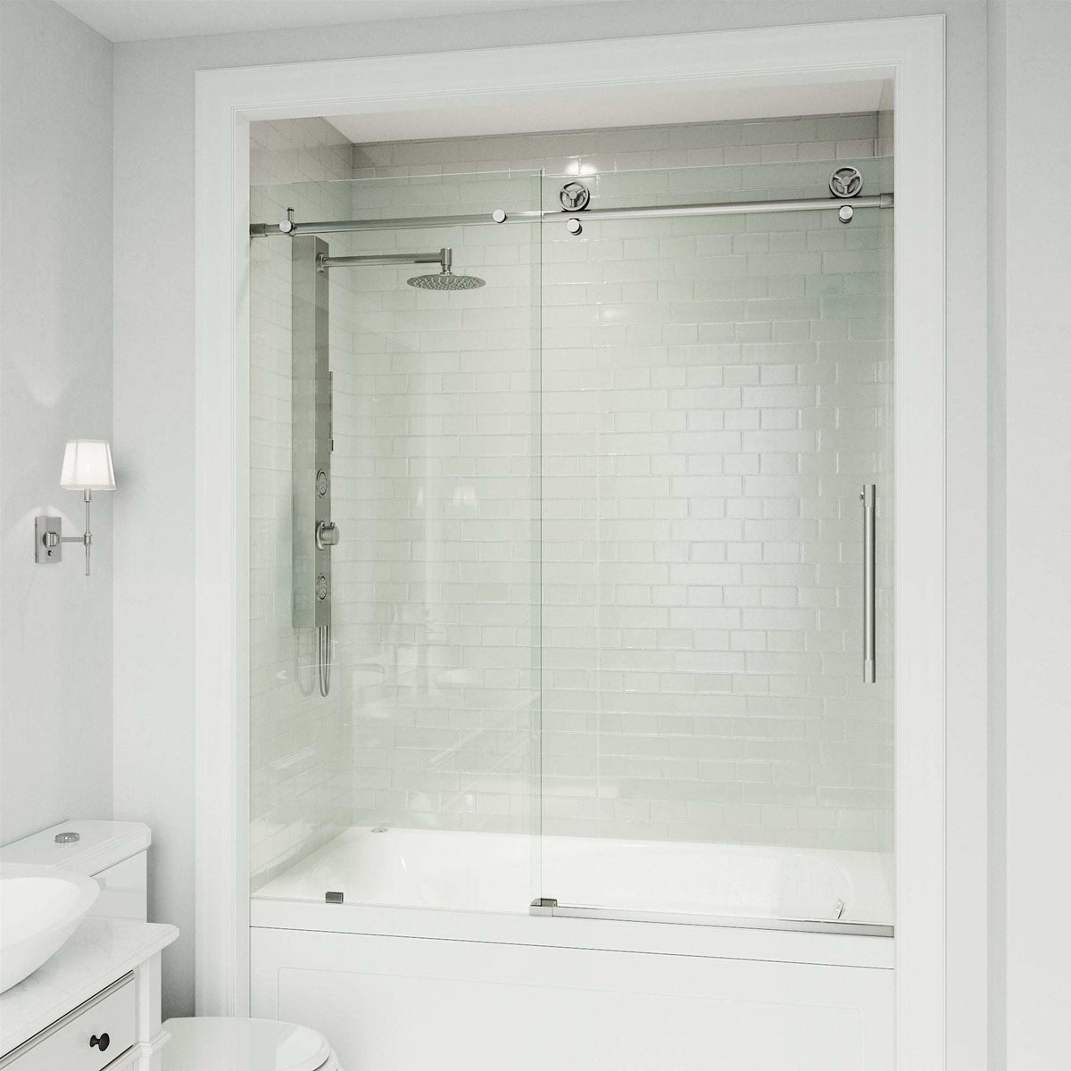 Frameless sliding shower door, stainless steel finish, tempered glass, reversible door installation, modern look