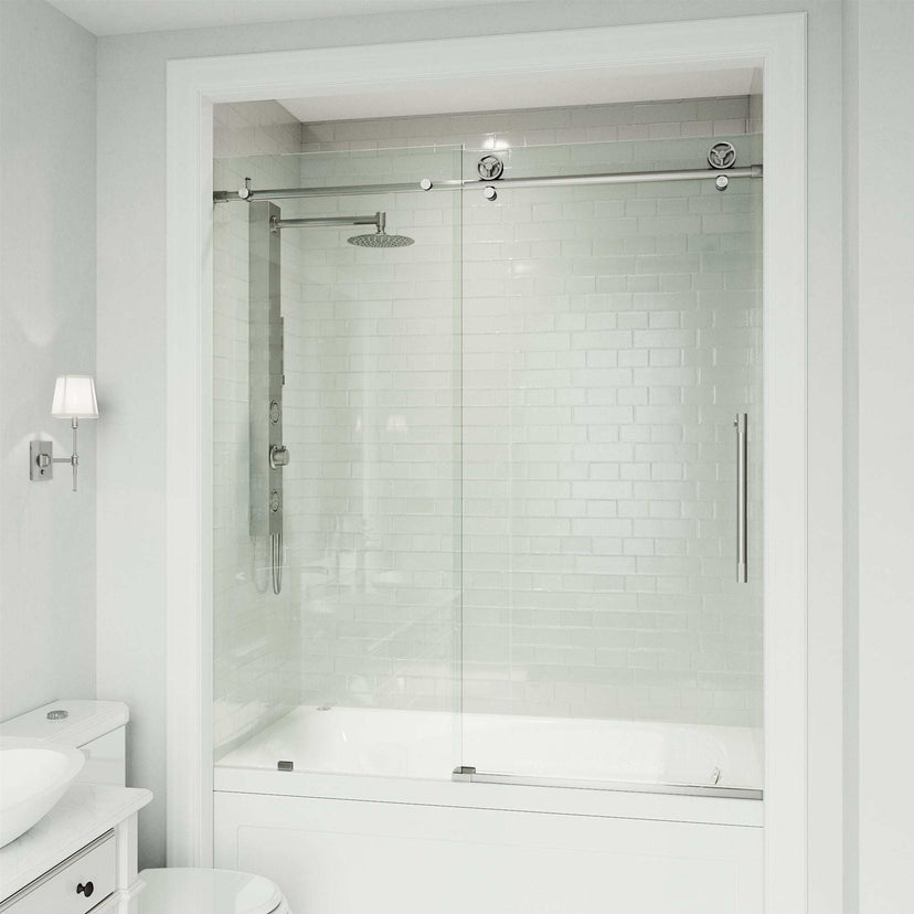 Frameless sliding shower door, stainless steel finish, tempered glass, reversible door installation, modern look