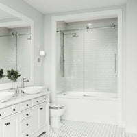 Stainless steel tub door with clear glass, adjustable width 56-60 in., reversible sliding, frameless design