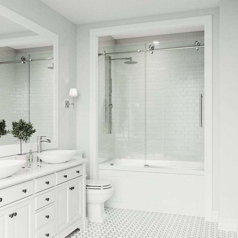 Stainless steel tub door with clear glass, adjustable width 56-60 in., reversible sliding, frameless design