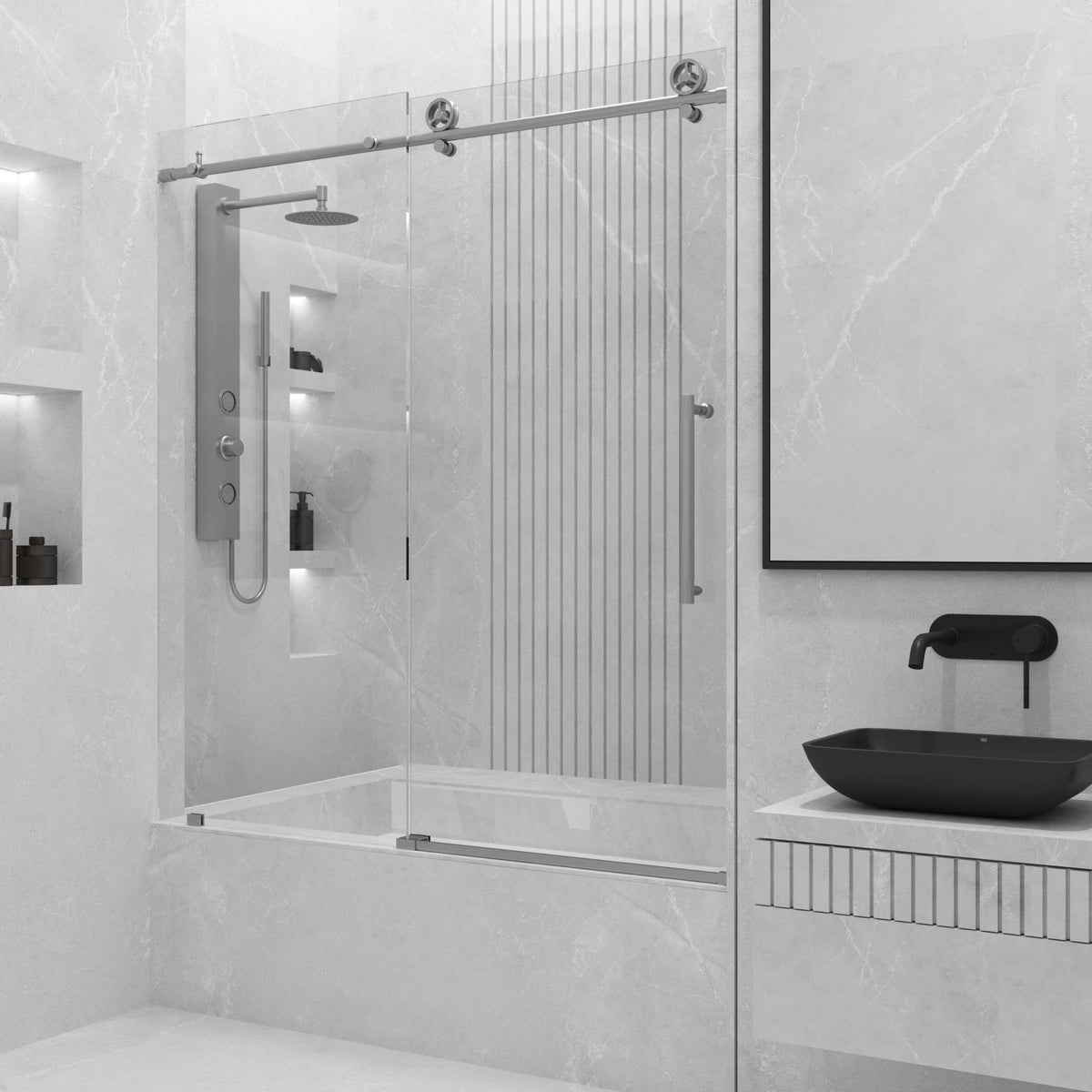 Adjustable 56-60 in. stainless steel tub door, clear tempered glass, frameless, reversible sliding, modern