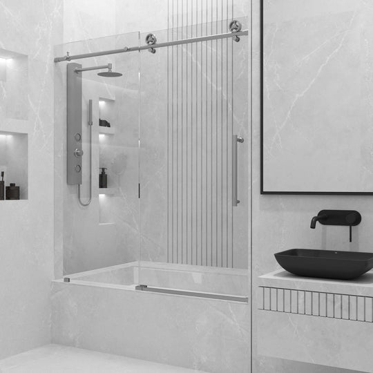 Adjustable 56-60 in. stainless steel tub door, clear tempered glass, frameless, reversible sliding, modern