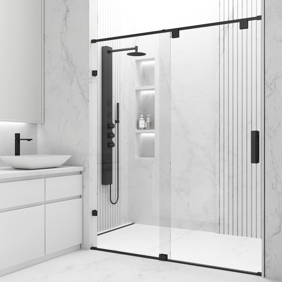 Modern shower door with track sliding mechanism and clear glass