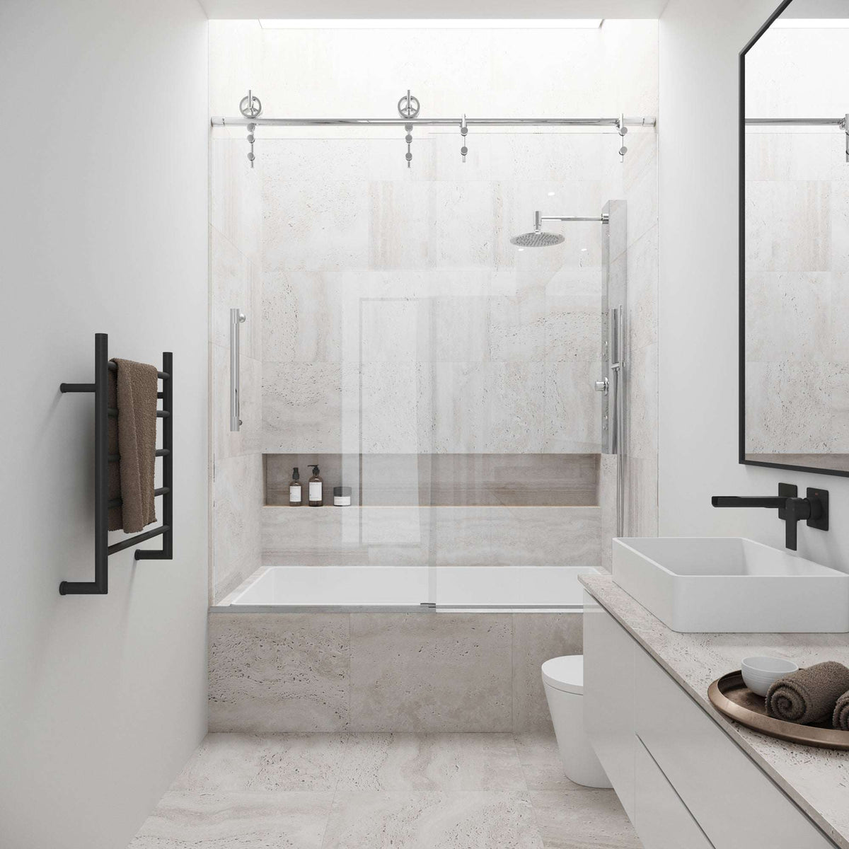 Chrome finish frameless sliding tub door with clear tempered glass, modern design, adjustable 56-60 in.