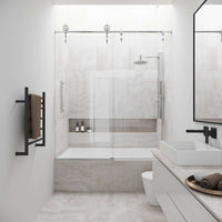 Chrome finish frameless sliding tub door with clear tempered glass, modern design, adjustable 56-60 in.
