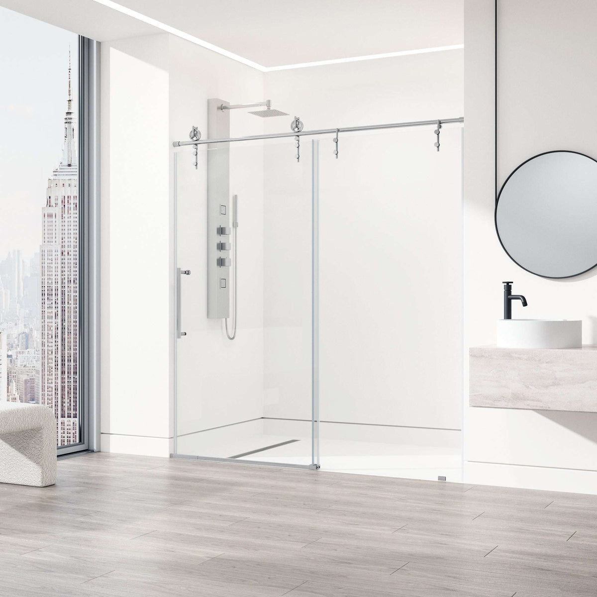 Frameless shower door with chrome hardware, reversible door installation, clear glass