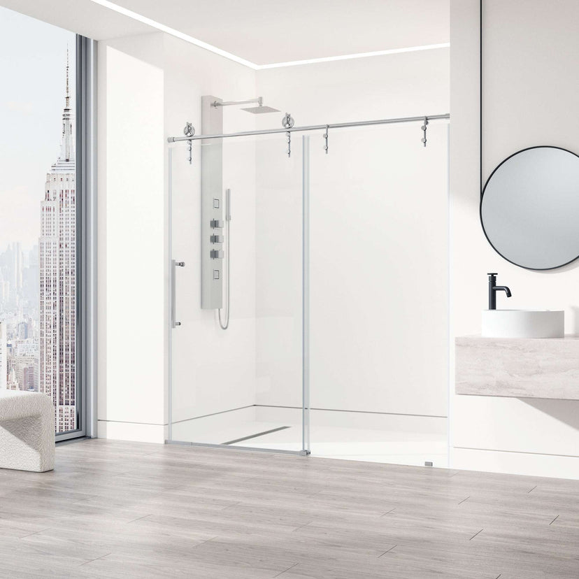 Frameless shower door with chrome hardware, reversible door installation, clear glass