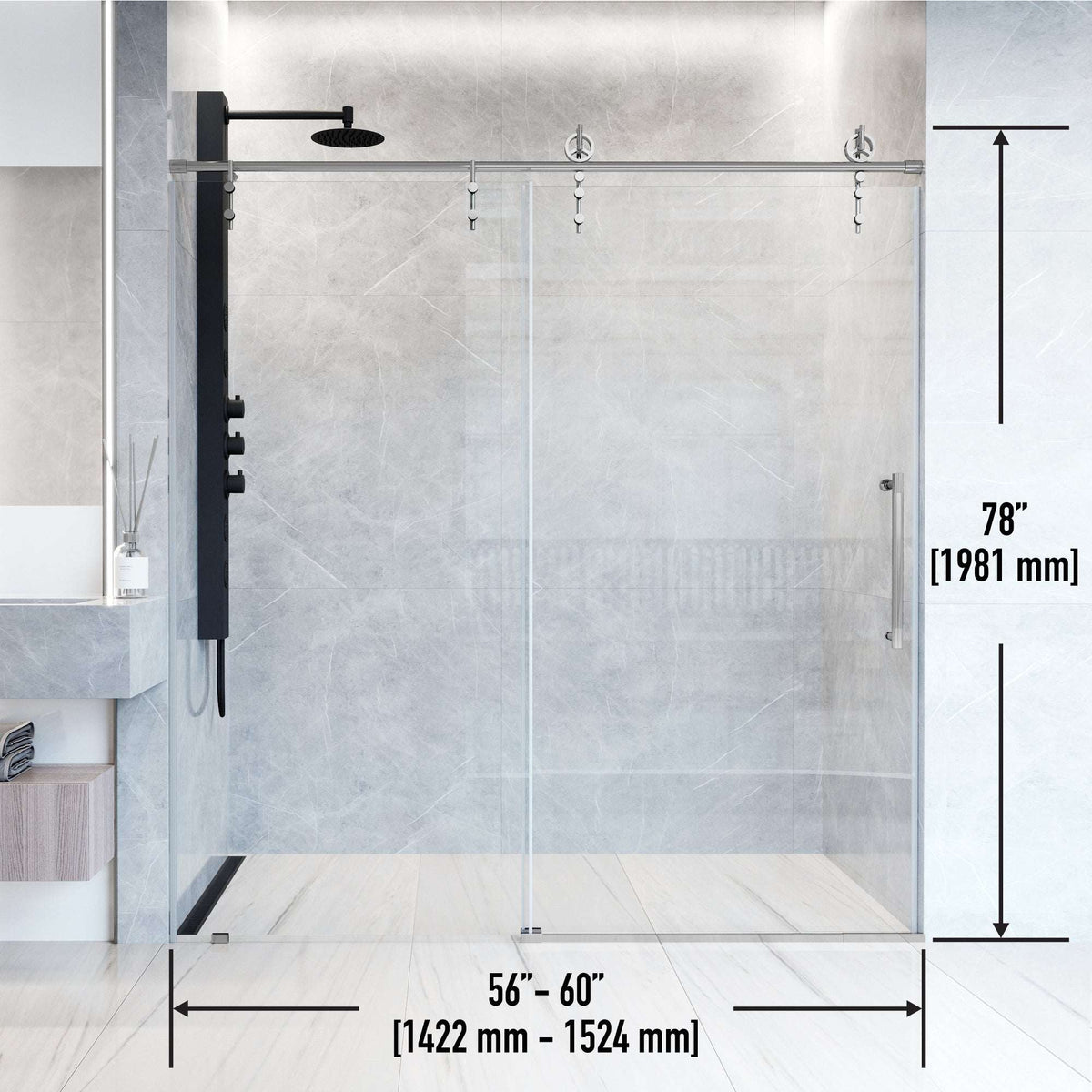 Chrome finish sliding shower door with stainless steel hardware, clear tempered glass