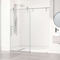Clear glass sliding shower door with chrome finish, alcove mount, included hardware