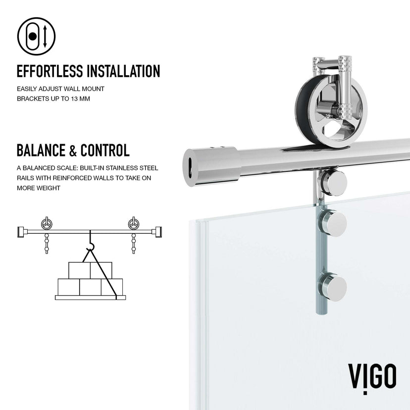Modern sliding shower door with chrome hardware, clear tempered glass, alcove fit