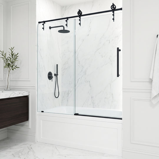Hamilton Aerodynamic Frameless Sliding Bath Tub Door 56-60 in. Wide and 68 in. High – Matte Brushed Gold with Clear Tempered Glass