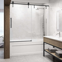 Frameless shower door with matte black bar handle, clear glass, reversible installation, alcove mount